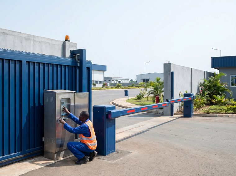 Portail automatique industriel et barrière motorisée maintenus par SN Corporation