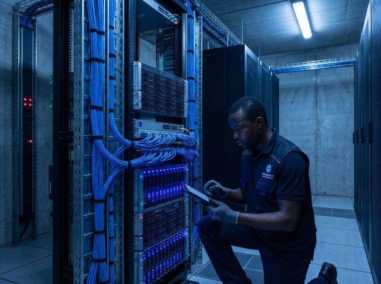 Technicien SN Corporation effectuant la maintenance d'une baie serveur et réseau